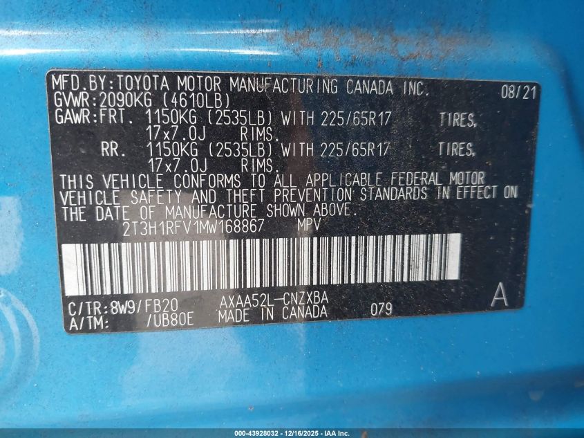 2021 Toyota Rav4 Le VIN: 2T3H1RFV1MW168867 Lot: 43928032