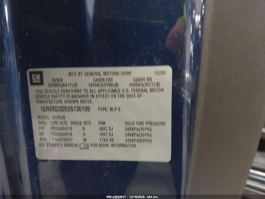 2009 Chevrolet Traverse Lt VIN: 1GNER23D59S136199 Lot: 43928037