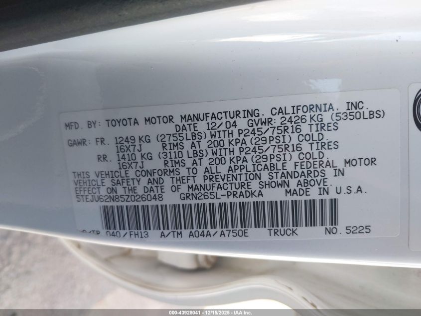 2005 Toyota Tacoma Prerunner V6 VIN: 5TEJU62N85Z026048 Lot: 43928041