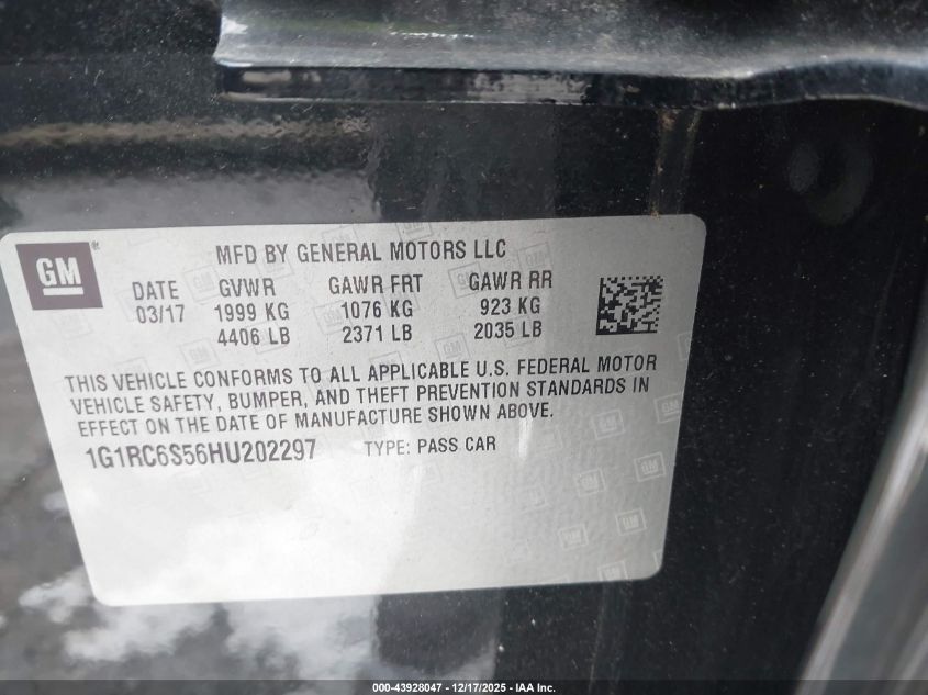 2017 Chevrolet Volt Lt VIN: 1G1RC6S56HU202297 Lot: 43928047