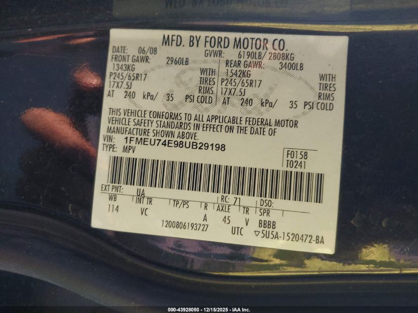 2008 Ford Explorer Eddie Bauer VIN: 1FMEU74E98UB29198 Lot: 43928050