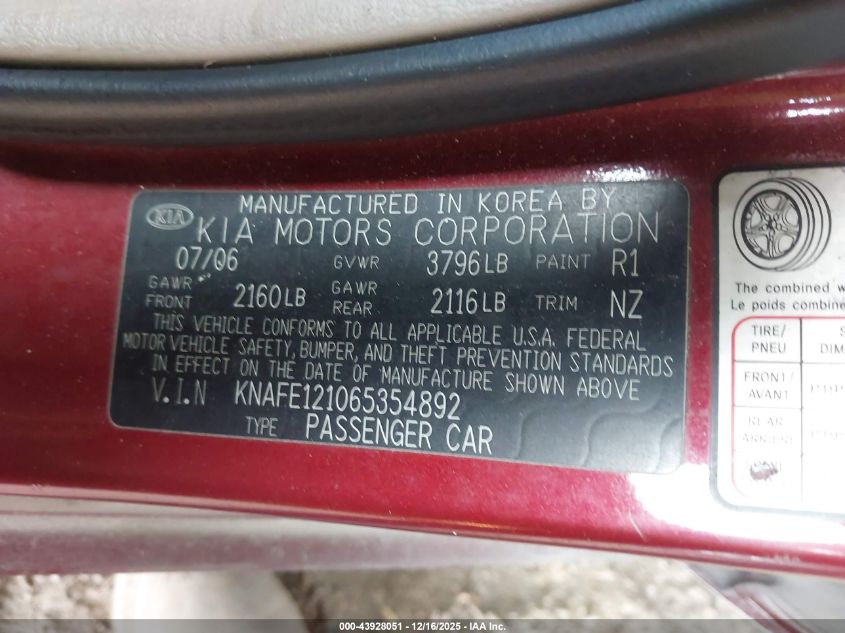 2006 Kia Spectra Ex/Lx/Sx VIN: KNAFE121065354892 Lot: 43928051