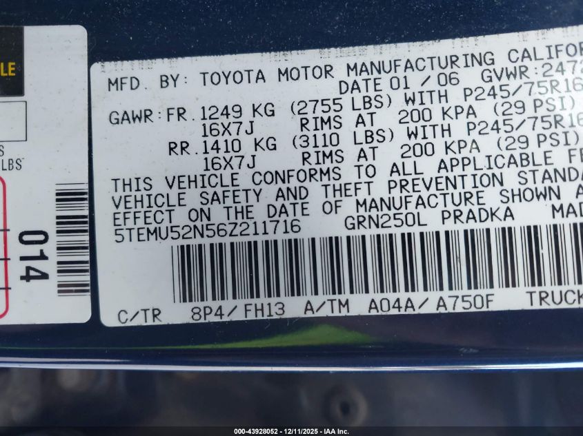 2006 Toyota Tacoma Base V6 VIN: 5TEMU52N56Z211716 Lot: 43928052