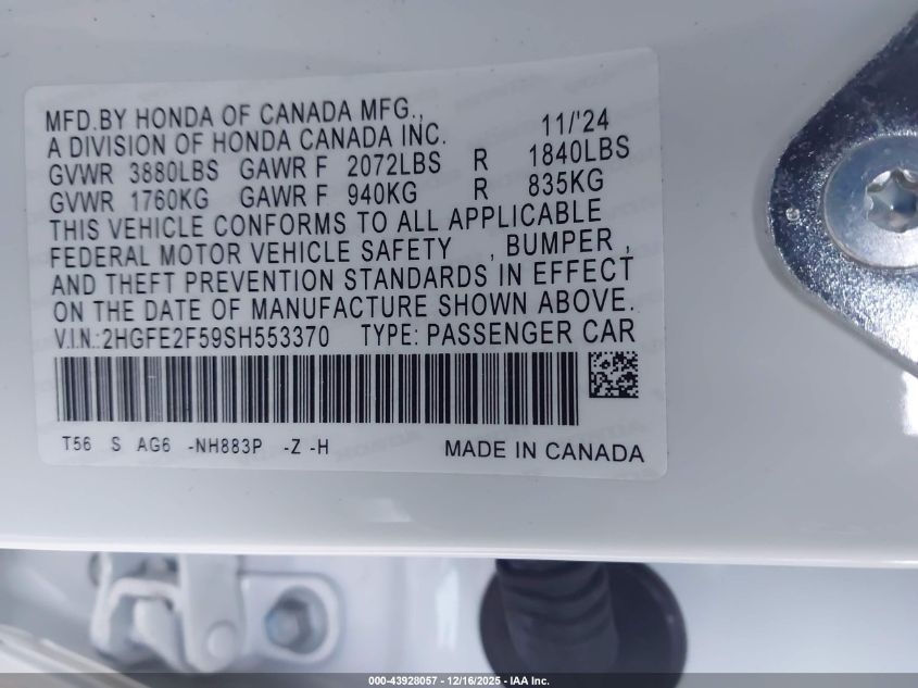 2025 Honda Civic Sport VIN: 2HGFE2F59SH553370 Lot: 43928057