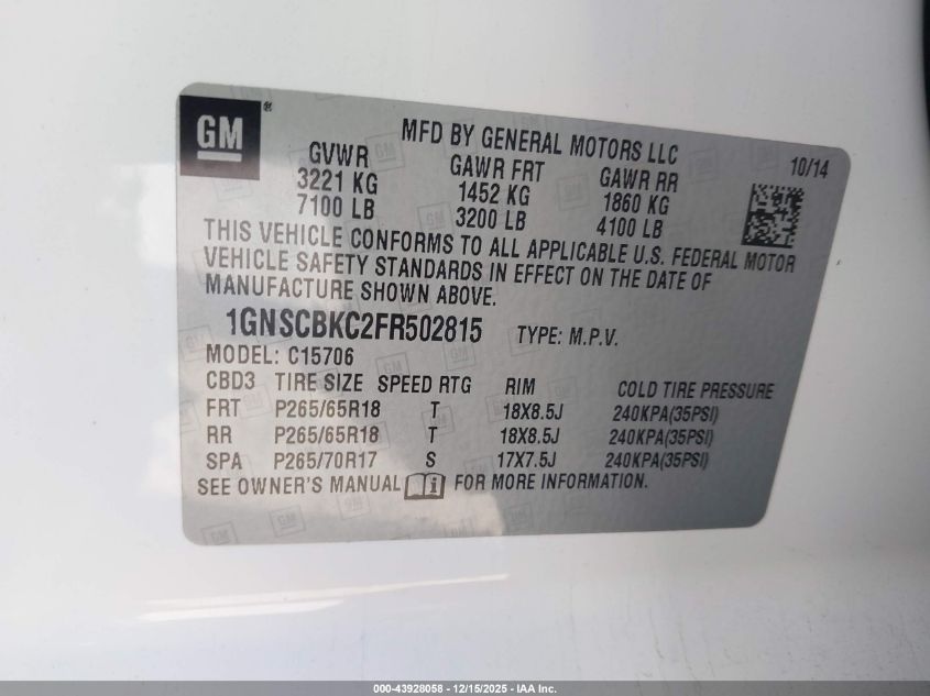 2015 Chevrolet Tahoe Lt VIN: 1GNSCBKC2FR502815 Lot: 43928058