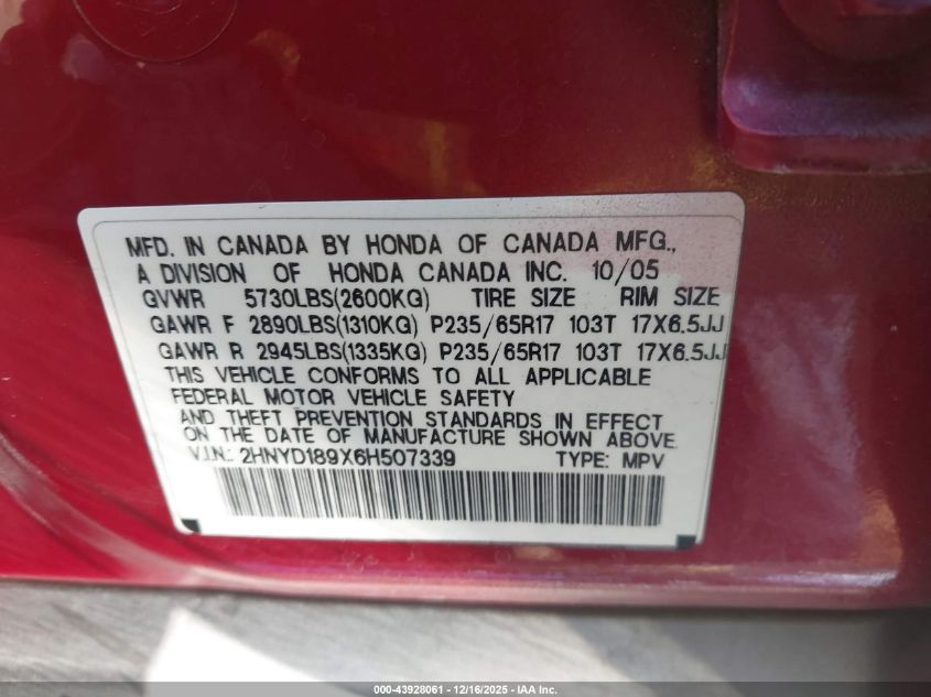 2006 Acura Mdx VIN: 2HNYD189X6H507339 Lot: 43928061