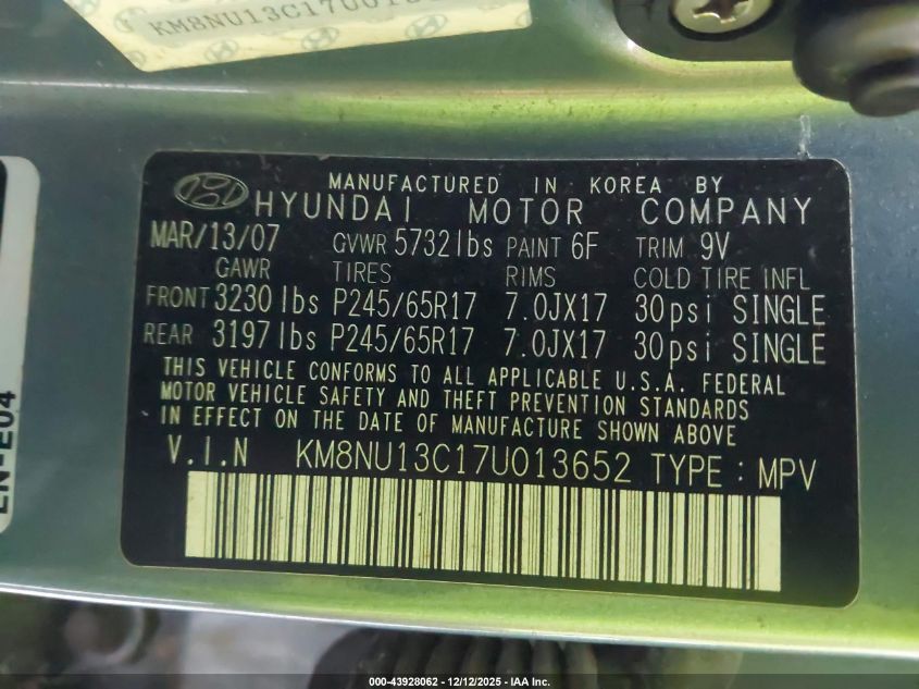 2007 Hyundai Veracruz Gls/Limited/Se VIN: KM8NU13C17U013652 Lot: 43928062
