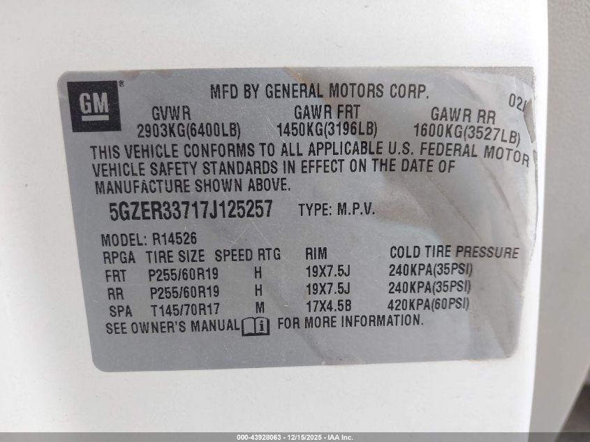 2007 Saturn Outlook Xr VIN: 5GZER33717J125257 Lot: 43928063