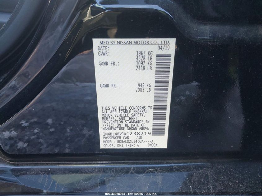 2019 Nissan Altima 2.5 S VIN: 1N4BL4BV1KC238219 Lot: 43928064