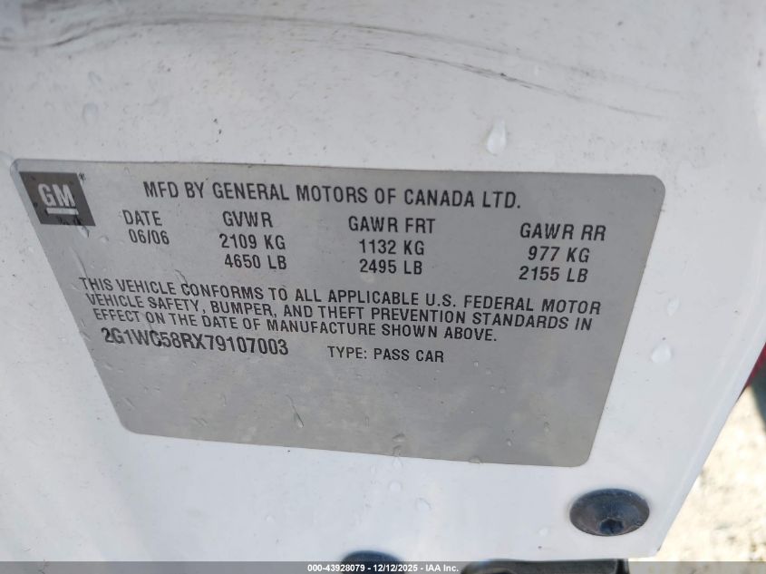 2007 Chevrolet Impala Lt VIN: 2G1WC58RX79107003 Lot: 43928079