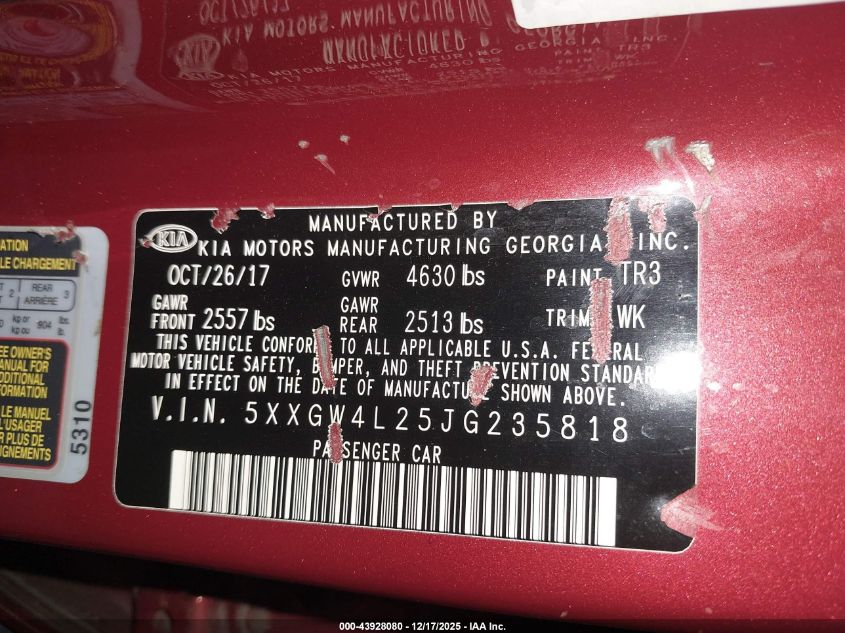 2018 Kia Optima Sx Turbo VIN: 5XXGW4L25JG235818 Lot: 43928080
