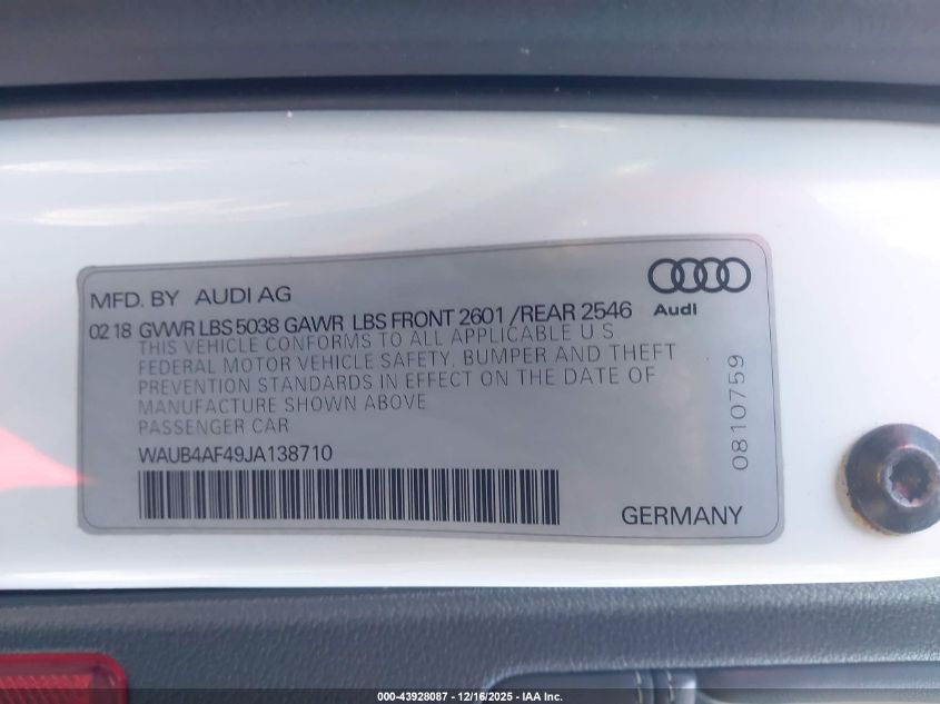 2018 Audi S4 3.0T Premium Plus VIN: WAUB4AF49JA138710 Lot: 43928087
