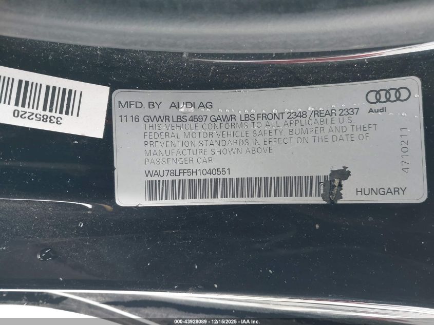 2017 Audi A3 2.0T Premium VIN: WAU78LFF5H1040551 Lot: 43928089