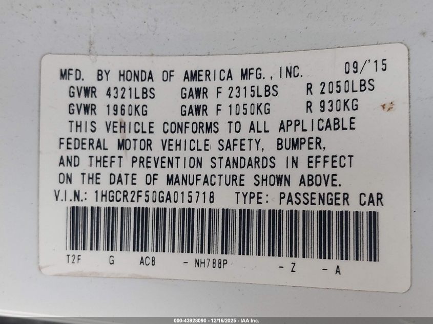 2016 Honda Accord Sport VIN: 1HGCR2F50GA015718 Lot: 43928090