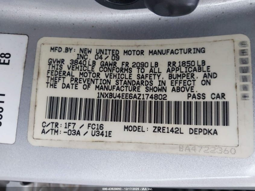 2010 Toyota Corolla Le VIN: 1NXBU4EE6AZ174802 Lot: 43928093