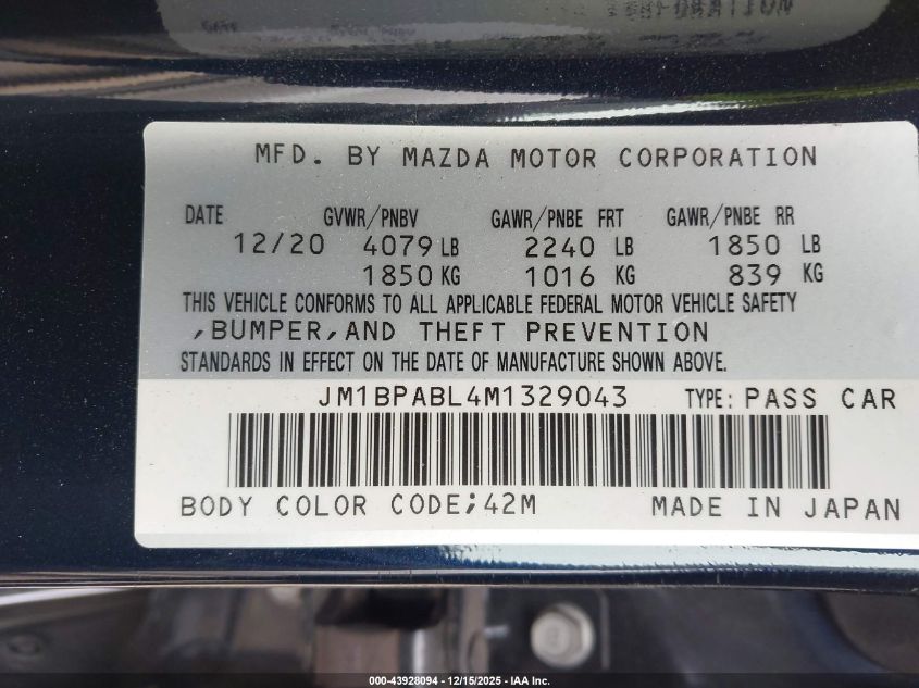 2021 Mazda Mazda3 Select VIN: JM1BPABL4M1329043 Lot: 43928094