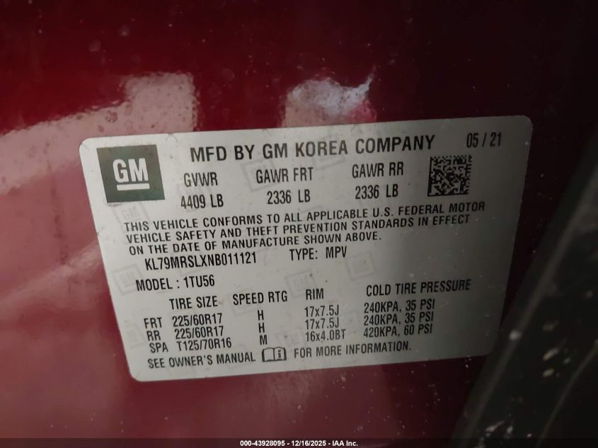 2022 Chevrolet Trailblazer Awd Lt VIN: KL79MRSLXNB011121 Lot: 43928095