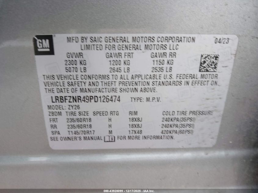 2023 Buick Envision Essence Fwd VIN: LRBFZNR49PD126474 Lot: 43928099