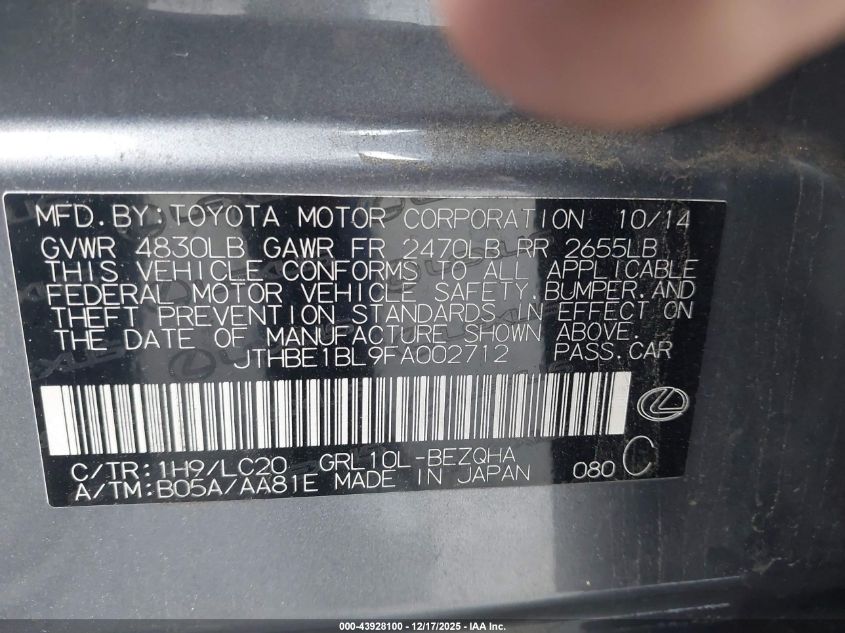 2015 Lexus Gs 350 VIN: JTHBE1BL9FA002712 Lot: 43928100