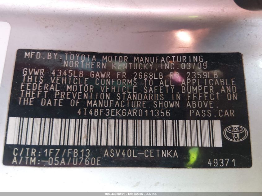 2010 Toyota Camry VIN: 4T4BF3EK6AR011356 Lot: 43928101