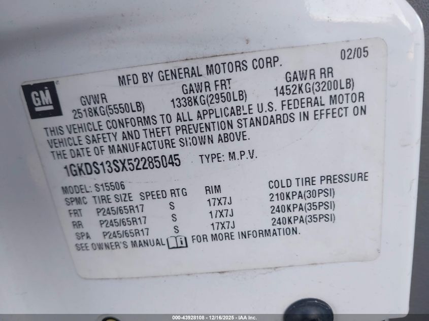 2005 GMC Envoy Slt VIN: 1GKDS13SX52285045 Lot: 43928108