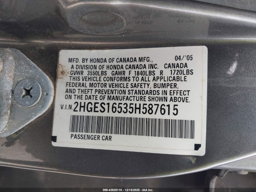 2005 Honda Civic Lx VIN: 2HGES16535H587615 Lot: 43928110