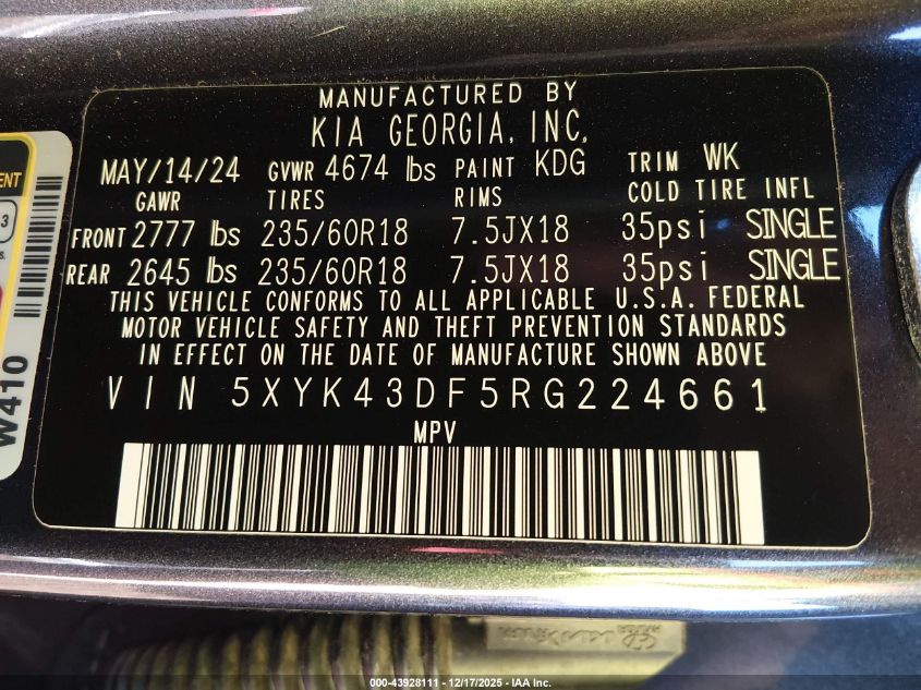 2024 Kia Sportage Sx VIN: 5XYK43DF5RG224661 Lot: 43928111