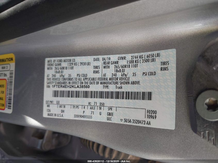 2019 Ford Ranger Lariat VIN: 1FTER4EH2KLA38560 Lot: 43928112