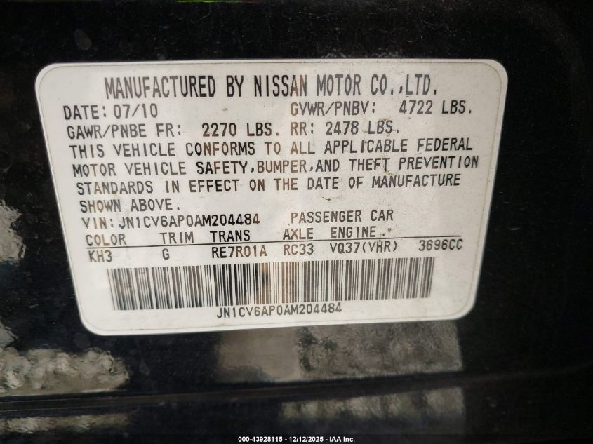 2010 Infiniti G37 Journey VIN: JN1CV6AP0AM204484 Lot: 43928115