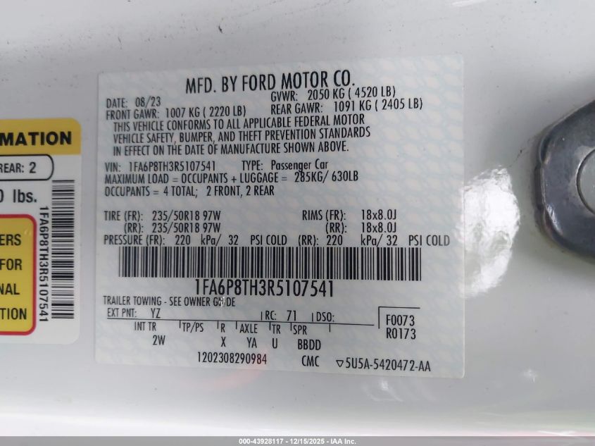 2024 Ford Mustang Ecoboost Fastback VIN: 1FA6P8TH3R5107541 Lot: 43928117