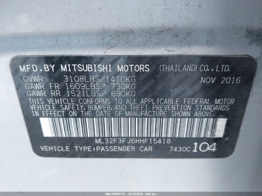 2017 Mitsubishi Mirage G4 Es VIN: ML32F3FJ6HHF15418 Lot: 43928119