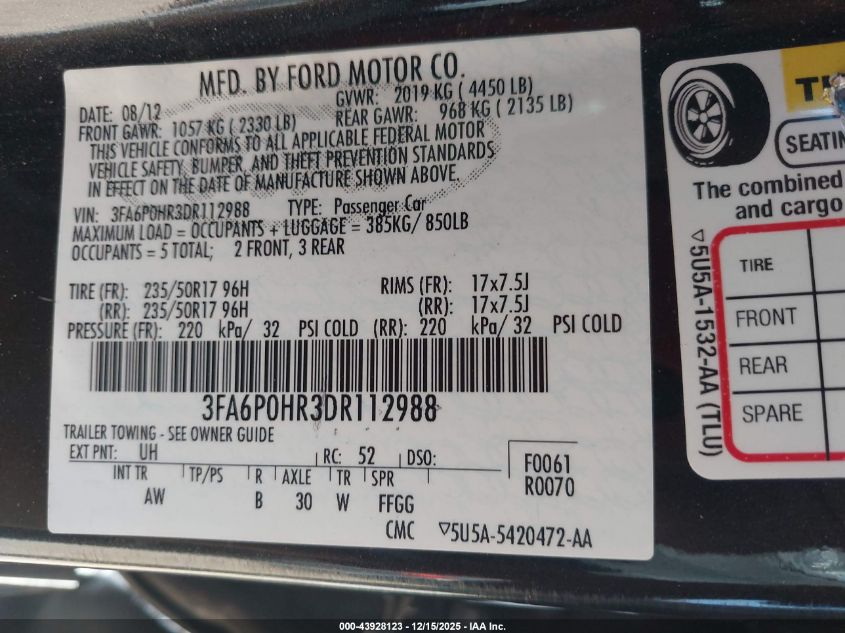 2013 Ford Fusion Se VIN: 3FA6P0HR3DR112988 Lot: 43928123