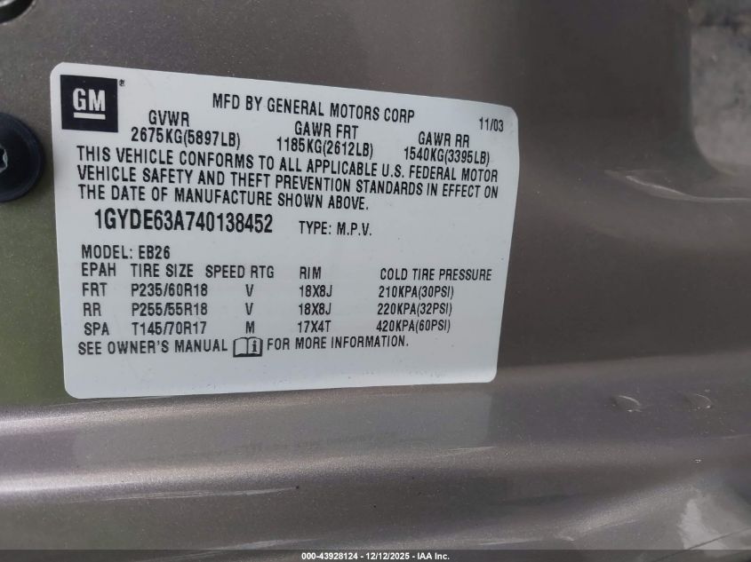 2004 Cadillac Srx V8 VIN: 1GYDE63A740138452 Lot: 43928124