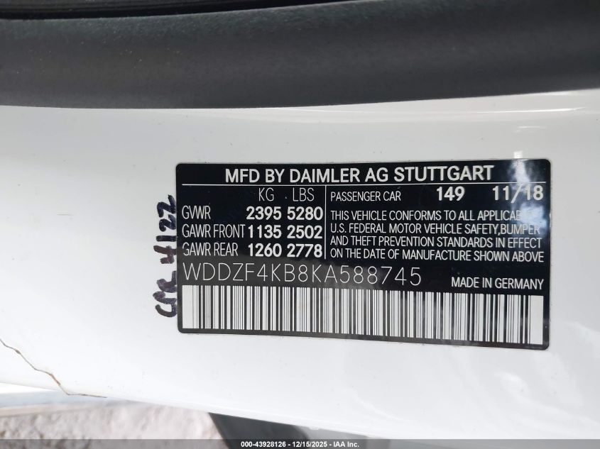 2019 Mercedes-Benz E 300 4Matic VIN: WDDZF4KB8KA588745 Lot: 43928126