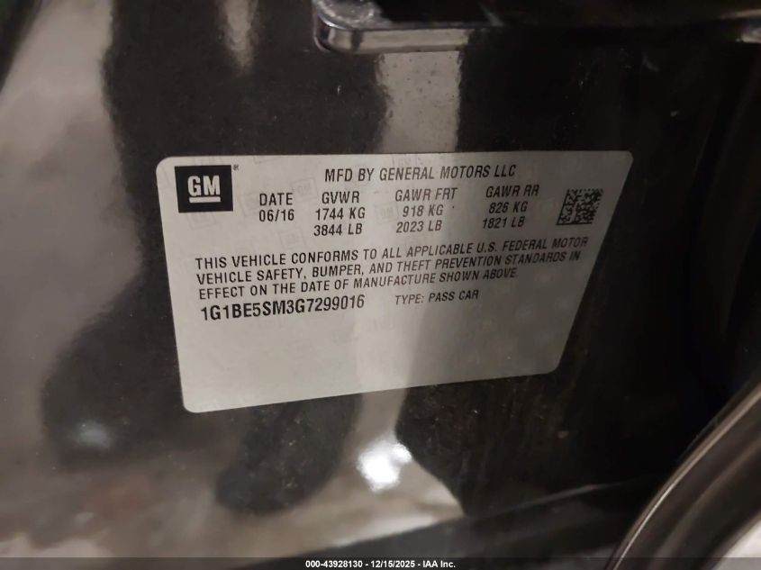 2016 Chevrolet Cruze Lt Auto VIN: 1G1BE5SM3G7299016 Lot: 43928130