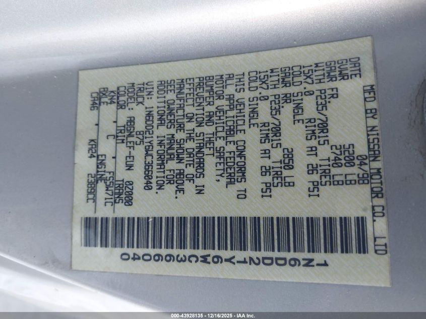 1998 Nissan Frontier Xe VIN: 1N6DD21Y6WC366040 Lot: 43928135