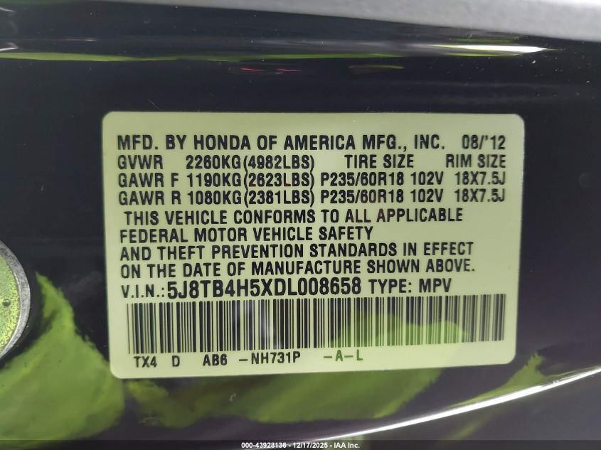 2013 Acura Rdx VIN: 5J8TB4H5XDL008658 Lot: 43928136