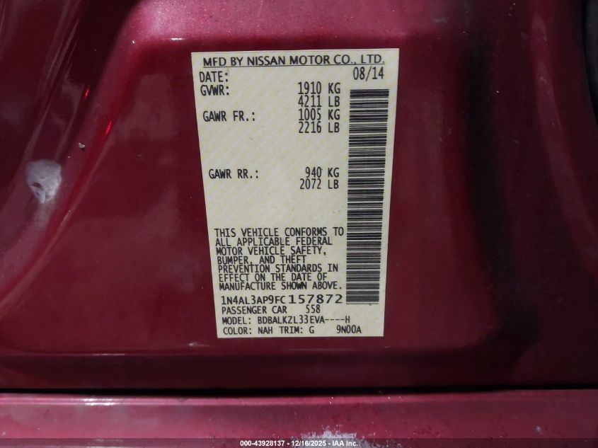 2015 Nissan Altima 2.5 Sv VIN: 1N4AL3AP9FC157872 Lot: 43928137