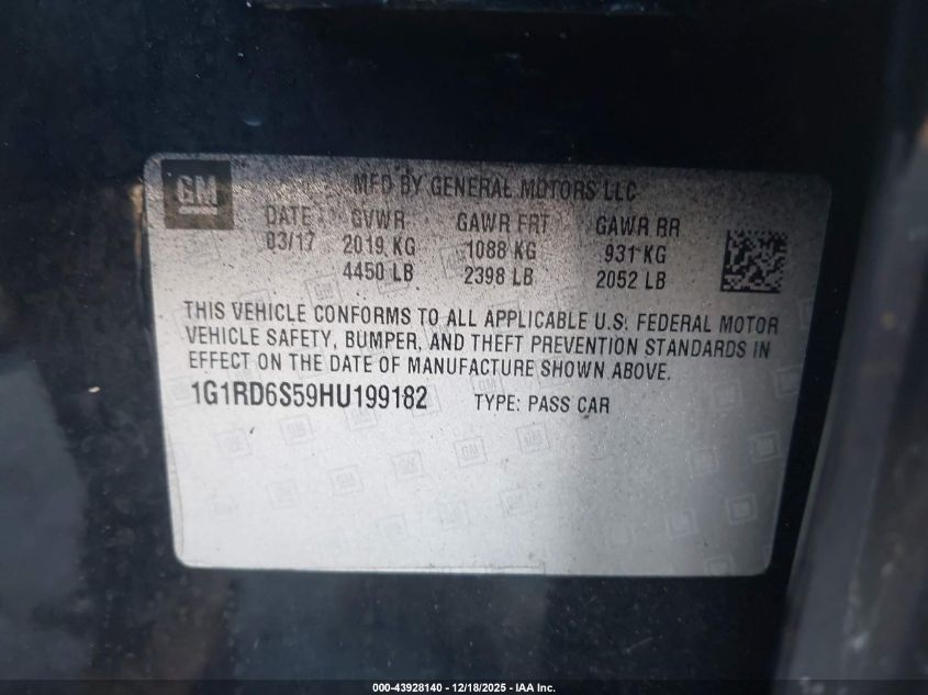 2017 Chevrolet Volt Premier VIN: 1G1RD6S59HU199182 Lot: 43928140