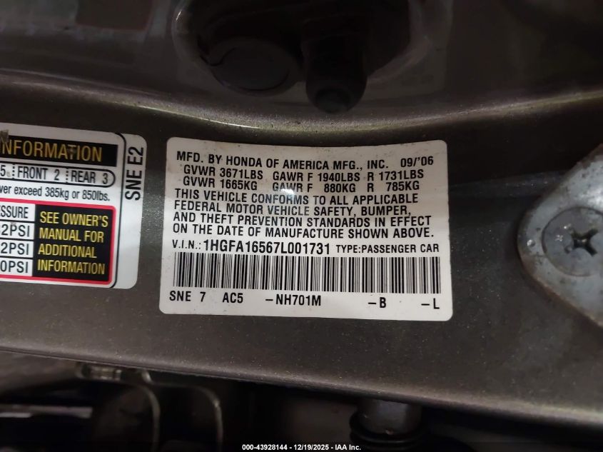 2007 Honda Civic Lx VIN: 1HGFA16567L001731 Lot: 43928144