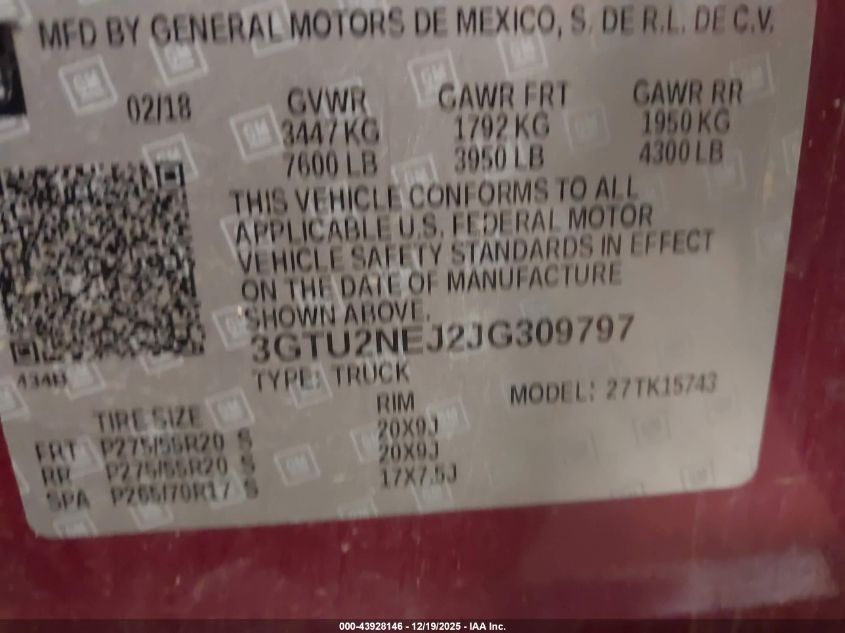 2018 GMC Sierra 1500 Slt VIN: 3GTU2NEJ2JG309797 Lot: 43928146