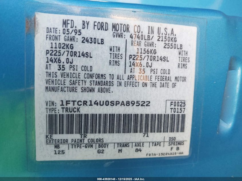 1995 Ford Ranger Super Cab VIN: 1FTCR14U0SPA89522 Lot: 43928148