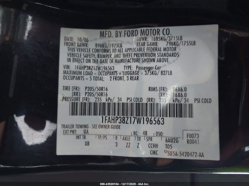 2007 Ford Focus St VIN: 1FAHP38Z17W196563 Lot: 43928154