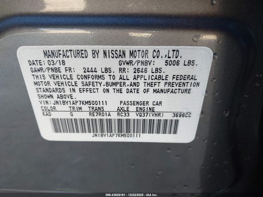 2019 Infiniti Q70 3.7 Luxe VIN: JN1BY1AP7KM500111 Lot: 43928161