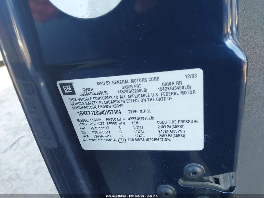 2004 GMC Envoy Xuv Slt VIN: 1GKET12S046167404 Lot: 43928164