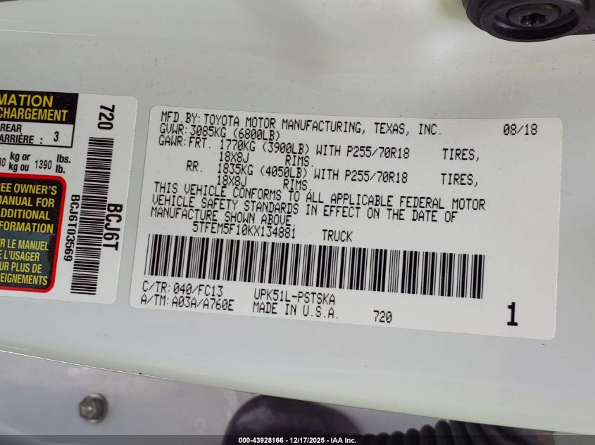 2019 Toyota Tundra Sr5 4.6L V8 VIN: 5TFEM5F10KX134881 Lot: 43928166