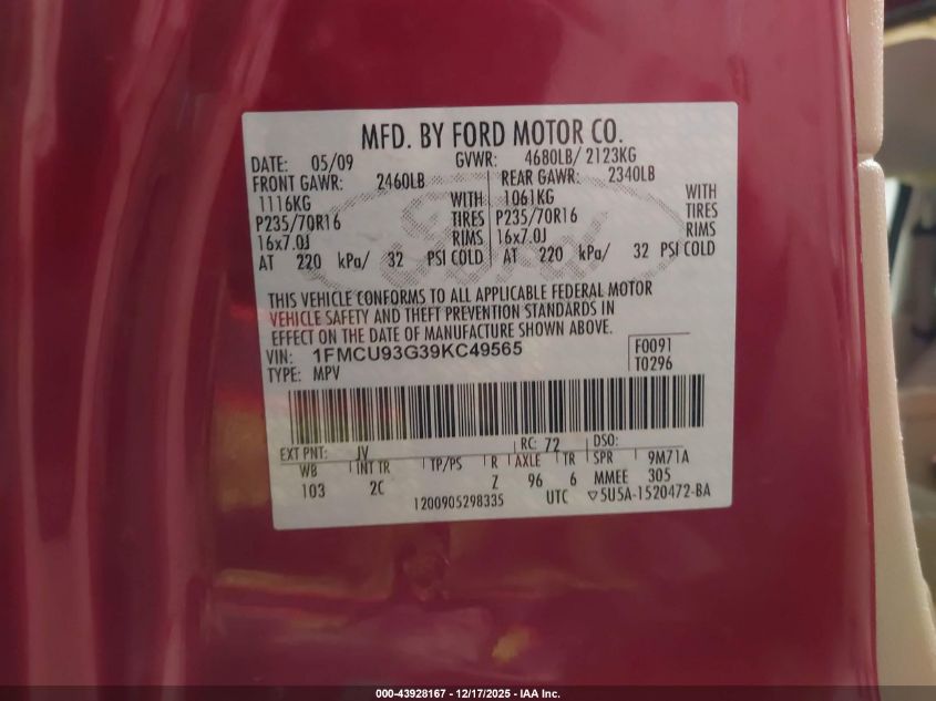 2009 Ford Escape Xlt VIN: 1FMCU93G39KC49565 Lot: 43928167