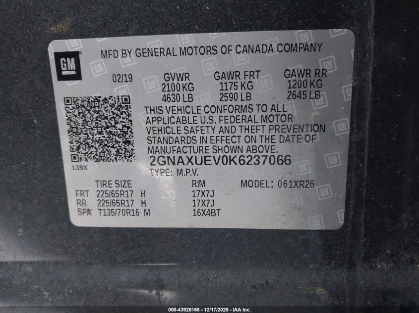 2019 Chevrolet Equinox Lt VIN: 2GNAXUEV0K6237066 Lot: 43928168