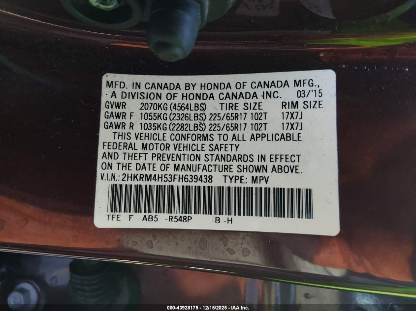 2015 Honda Cr-V Ex VIN: 2HKRM4H53FH639438 Lot: 43928175