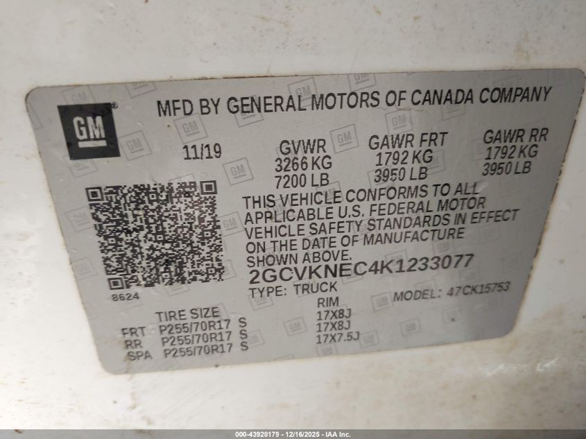 2019 Chevrolet Silverado 1500 Ld Wt VIN: 2GCVKNEC4K1233077 Lot: 43928179